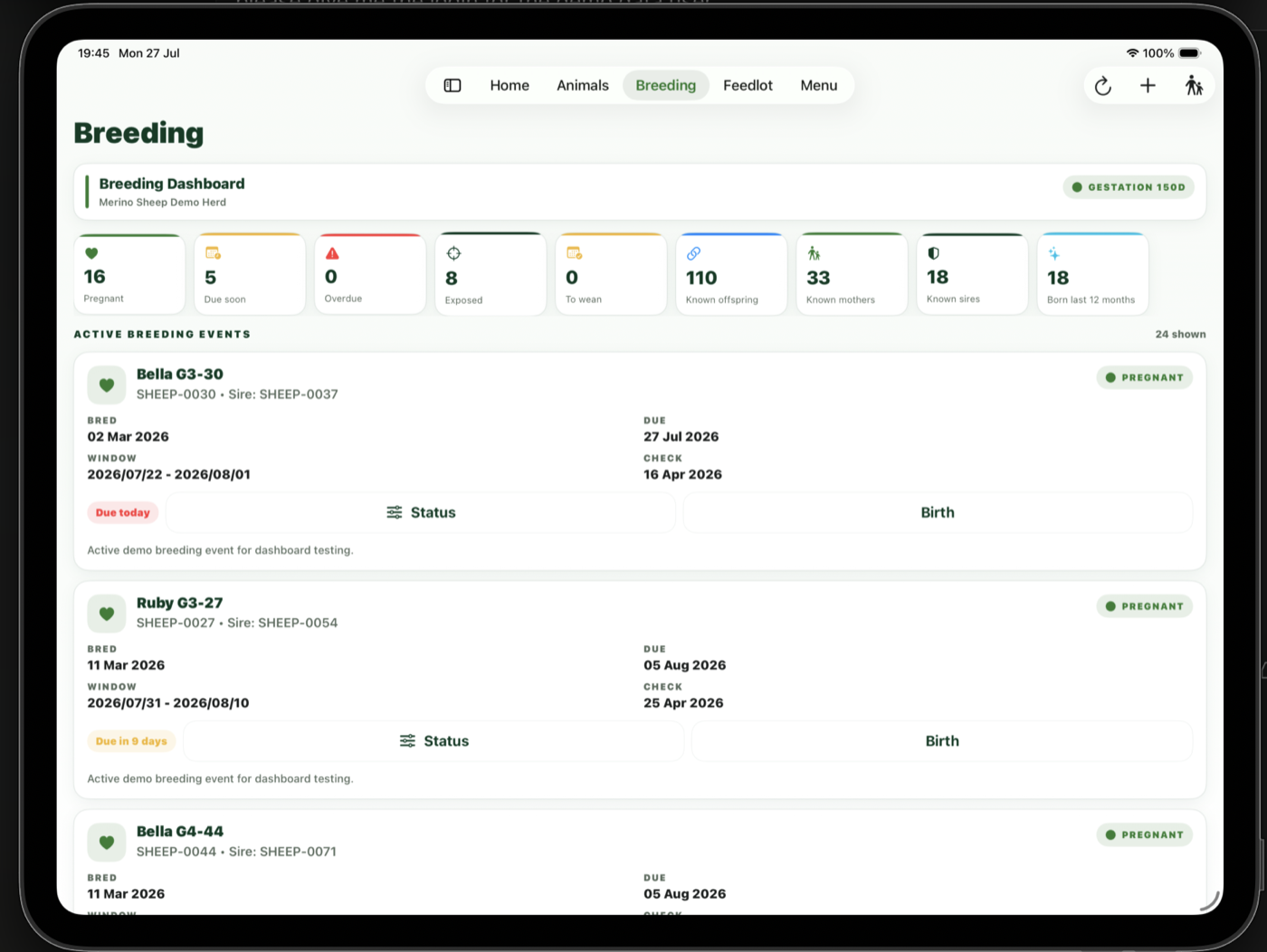 AgriHerd Breeding dashboard on tablet